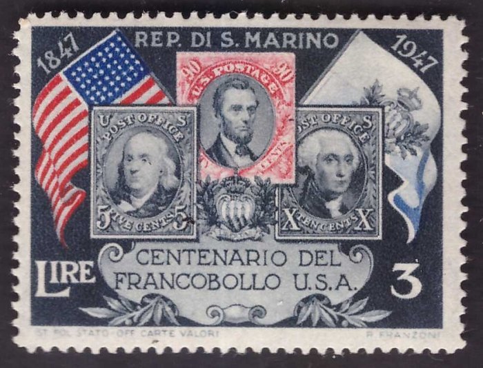 San Marino, 1947 – 3 lire "Centenario del francobollo USA" ("Centenary of the stamp USA"), perforated 14 x 13 1/4 – Sass. No.  331A.