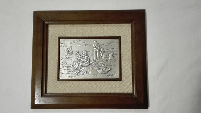 "Il pescatore" Bas-relief on silver plate. Pietro Guerrini Italy, 20th century