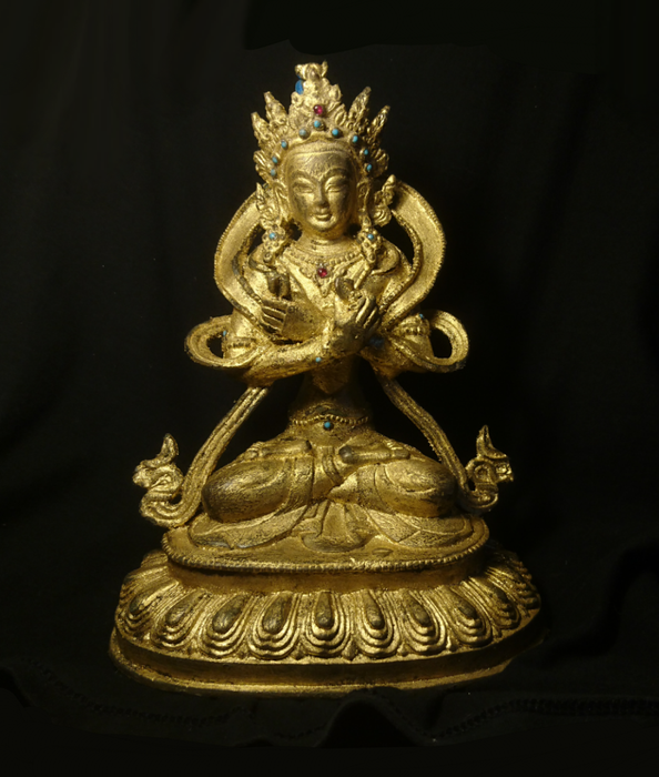 Jewelled Chenrezig Bodhisattva - 24k Gold Gilded Bronze and Gems - Sino Tibetan - early 21st century