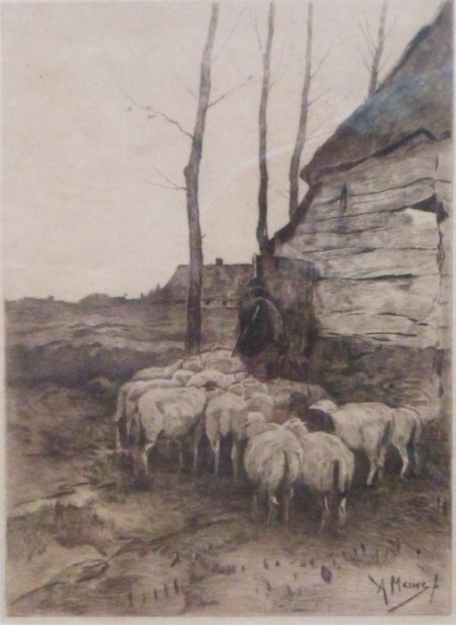 Anton Mauve (1838–1888) - Schaapherder met kudde.  - Ets - gesigneerd in de plaat