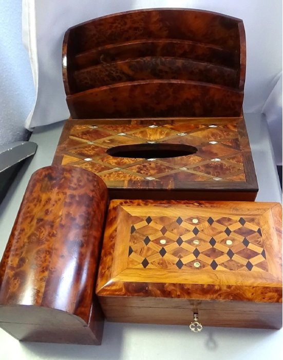 Antique Desk Set With Crates In Mahogany Wood And Mother Of Pearl