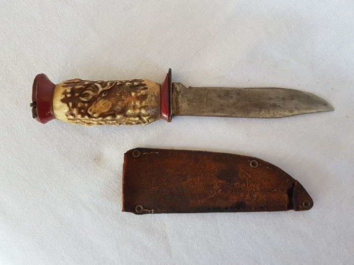 D.B.G.M. hunting knife with original leather case, Decora Solingen, Germany