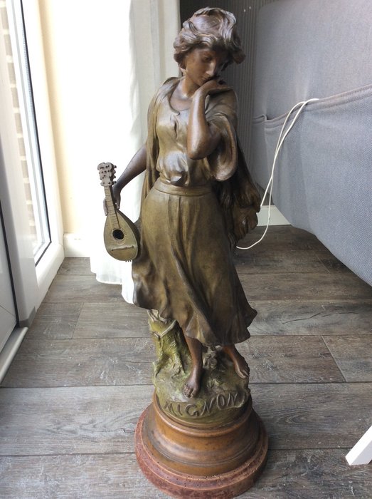 Luca Madrassi (1848 - 1919) - 'Mignon' - large zamak sculpture of a woman with a  lute- circa 1900