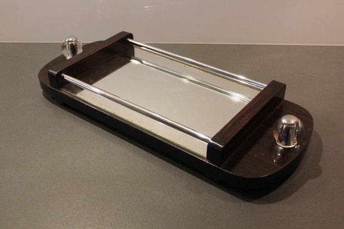 Louis Prodhon - Art Deco modernist tray in Macassar ebony, chrome glass and glass mirror