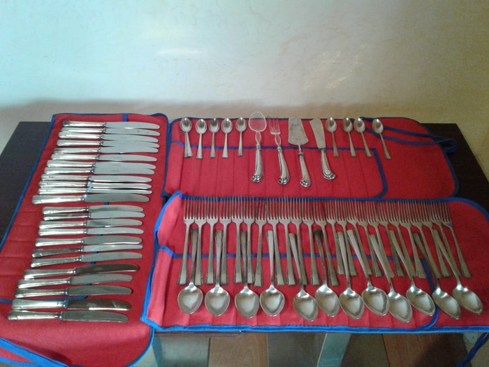 Krupp Berndorf Rostfrei cutlery set of 74 pieces, silver plated nickel silver wrapped in a red felt cloth