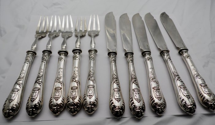 Royal Silverware, Vittorio Emanuele III di Savoia - 10-piece silver cake cutlery set -  Marty Torino , Italy 19th century Art Deco