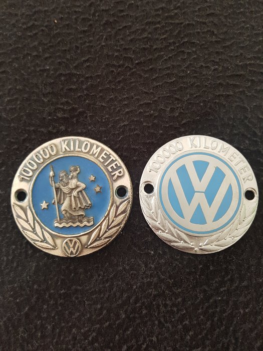 2 x VW badge - 100,000 kilometres 1. Christophorusplakette 1.  VW 100,000 kilometres of VW Beetle 1959 1962 years
