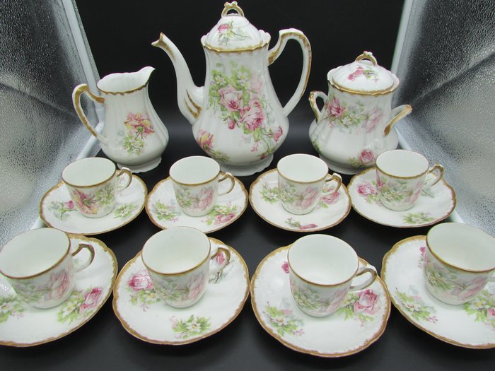 SS Limoges signed porcelain coffee set, decorated with roses and gold - Art Nouveau