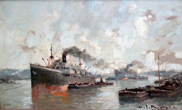 Henri Joseph Pauwels (1903-1983) - In de haven van Antwerpen op een grijze herfstdag