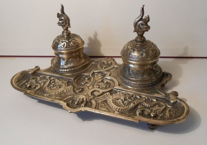 Antique Double Bronze Inkwell.19th Century with Dragon Decoration