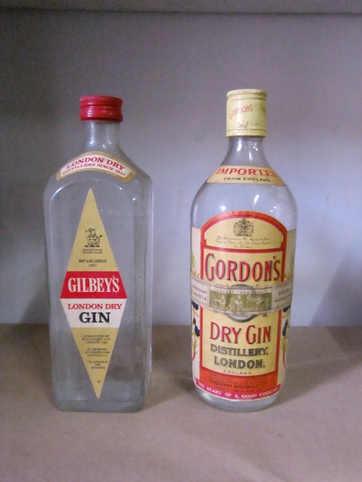 2 Gin bottles H & A Gilbey gin bottle glass alcohol bottle 1950s/60s and Gordons dry gin 1960s