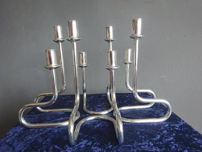 2 sets silver plated designer candle stands Maestri, Italy, 60s/70s
