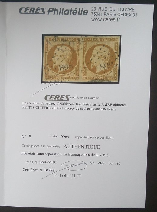 France 1852 Napoléon Iii 10 C Bistre Yellow Pair Signed Calves And Maury With Cérès Certificate Yvert N 9 Catawiki