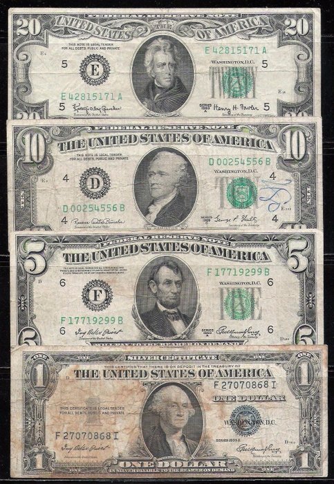 USA - 1 dollar 1935, $5 1950, 10 dollars 1969 and 20 dollars 1963