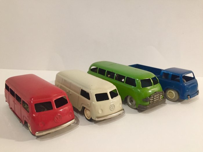 Ingap-Marchesini, Italy, tin van, item no. 500, tin and plastic loading van, 15 cm, 1940s-1950s, 2 x Volkswagen, 1950s-1960s, 14 cm, with friction mechanism