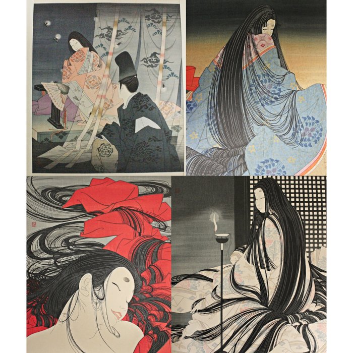 Four original woodblock prints by Okada Yoshio (b. 1934) - 'Matsukaze', 'Hotaru', 'Akashi' and 'Wakana' - From the series "The Tale of Genji" 源氏物語 - Japan - ca. 1970s