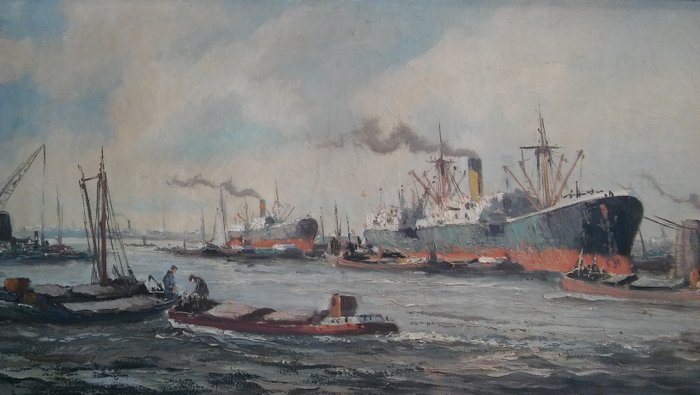 H Visser (20e eeuw)  - Havengezicht Rotterdam met stoomboten 