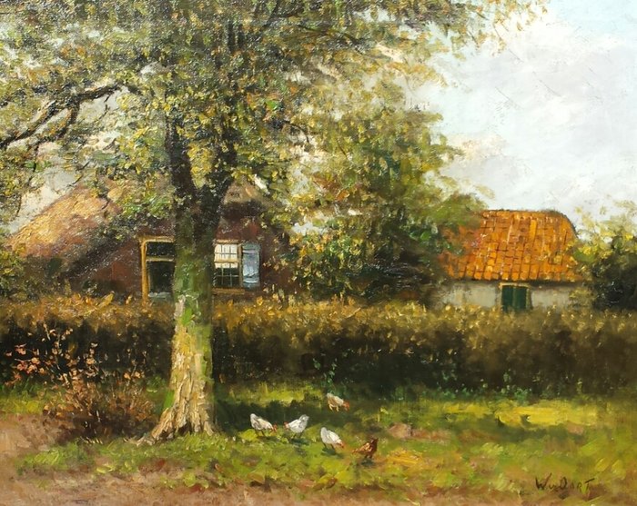 Willem van Oort (20e eeuw) - Verscholen boerderij met kippen