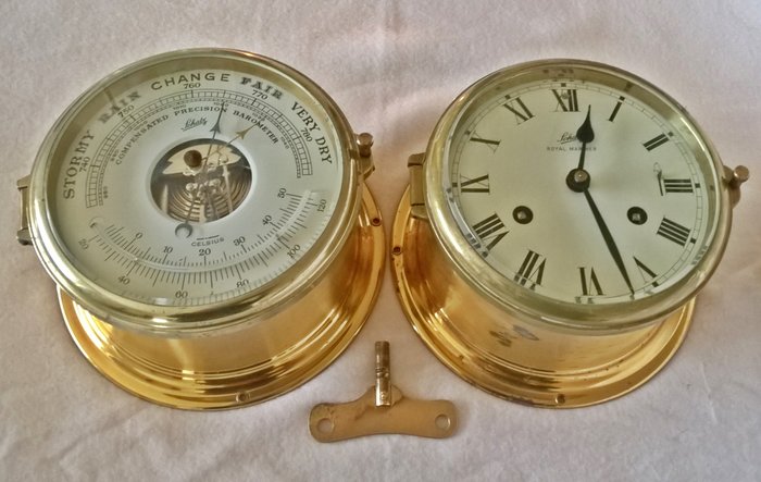Original Schatz precision ship’s barometer Royal Mariner and original bell clock Schatz Royal Mariner