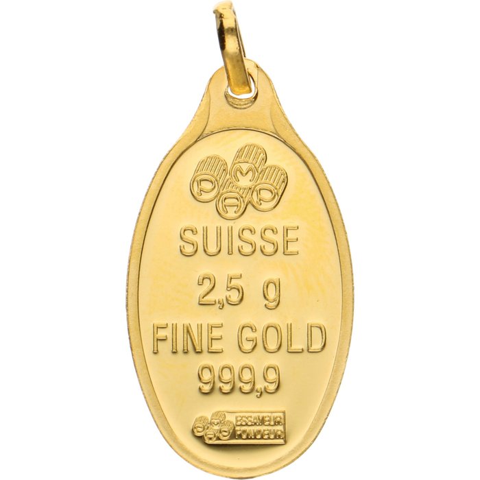999.9/1000 - Yellow gold pendant set with a gold bar of 2.5 grams fine gold 999.9 CREDIT SUISSE - Length x Width: 31 mm x 14 mm