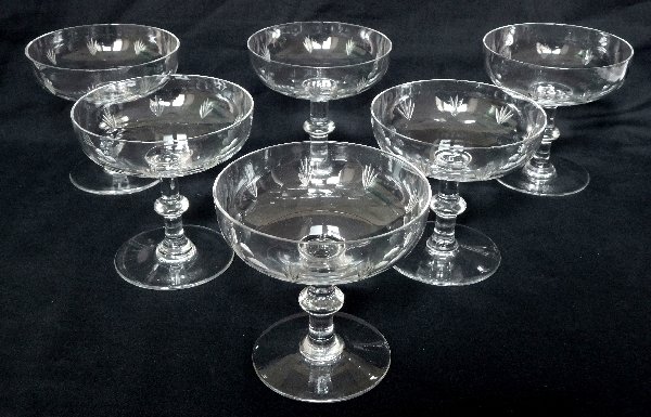 6 Baccarat crystal champagne glasses, France, prior to 1936