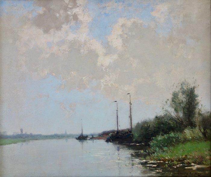 Cornelis Kuypers (1864 - 1932)  - 'Afgemeerde schepen aan de Rijn'