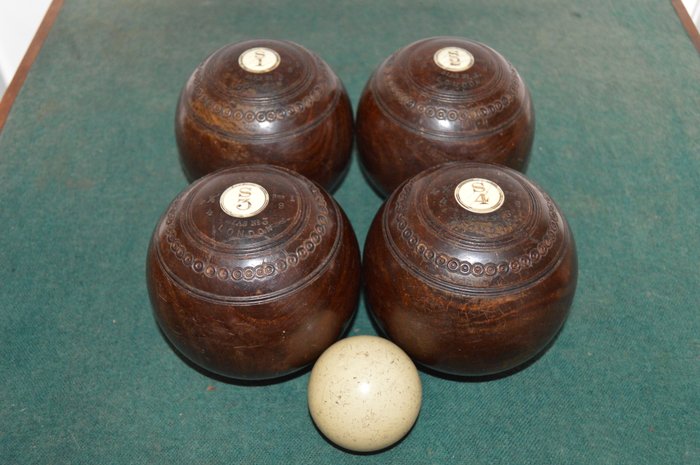 Antique Set of 4 Lignum Vitae Lawn Bowls Jaques & Son , London and the Jack - England- ca 1880