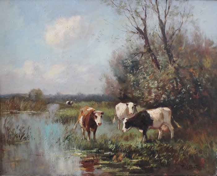 Pieter Adrianus Bouter (1887 - 1968) -  Koeien aan het water