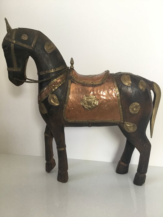 Antique wooden horse covered with copper and very exclusive, ornate saddle in - XL 31 cm!