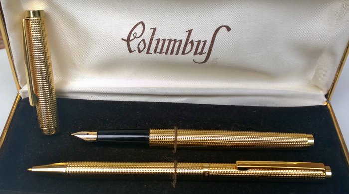 Columbus vintage 18 kt gold plated fountain pen and Columbus 18 kt gold plated ballpoint pen in good condition