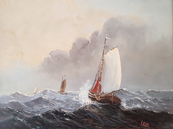 J. Rijke (Belgische School 1e helft 20e eeuw) - Uitlopende vissersschepen op woelige zee