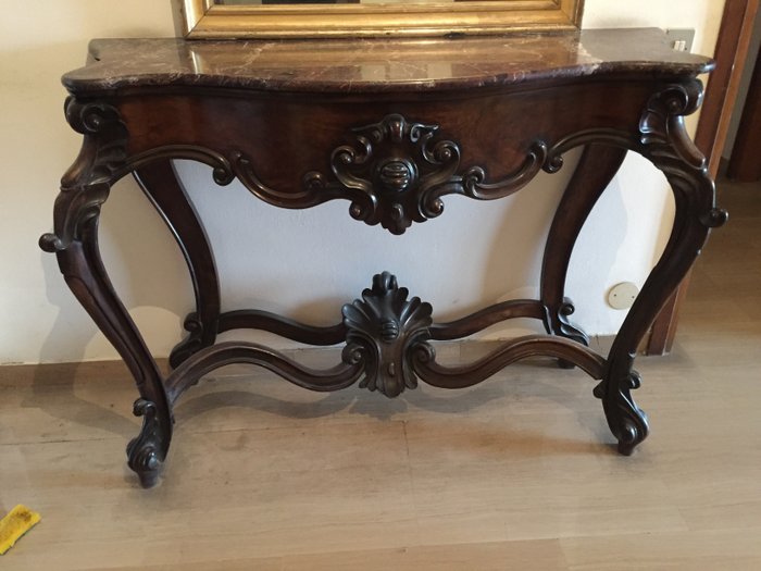 Louis Philippe Neapolitan console table made of walnut with marble top Mid 19th century