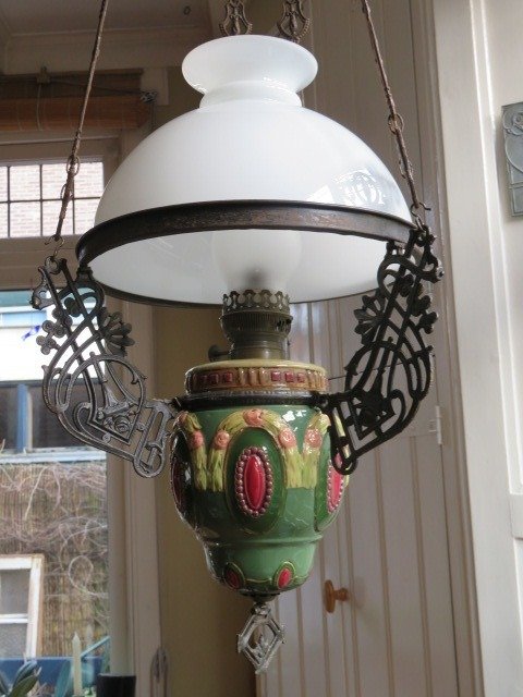Antique hanging oil lamp with Majolica ball