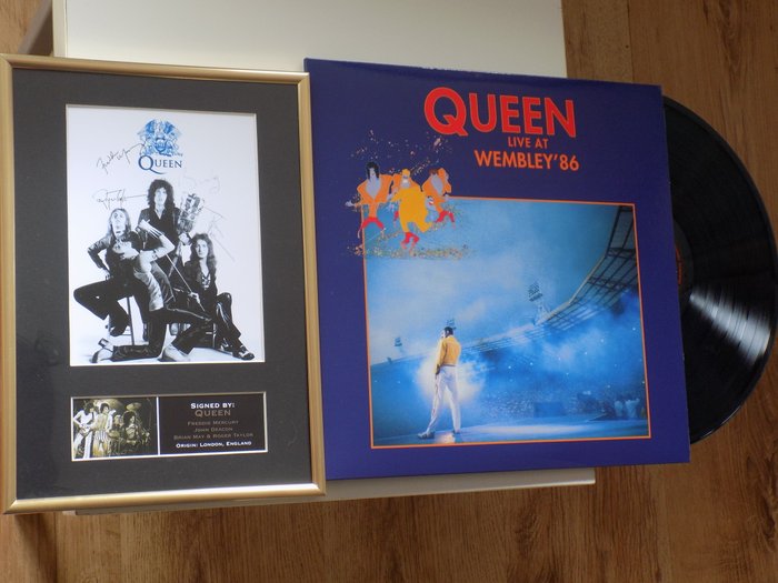 Queen " Live At Wembley 86 " Blue Vinyl Double LP & Framed Queen Picture With Printed Signatures.