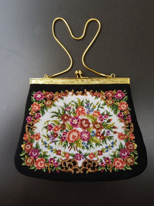 Petit Point Handbag / clutch - Chinese magnifying glass embroidery / tapestry probably 50s in original box - never used