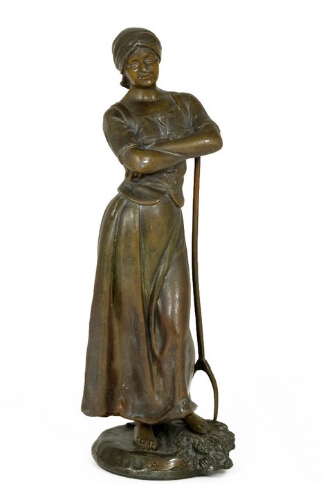 A.J. Scotte (1867-1925) - Zamak sculpture of lady with pitchfork titled 'La Moisson' - France - dated 1906