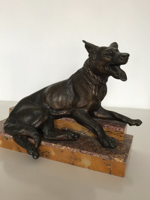 Louis Albert Carvin (1875-1951) - large statue in spelter of a German shepherd dog - on a marble base - France - 1930s