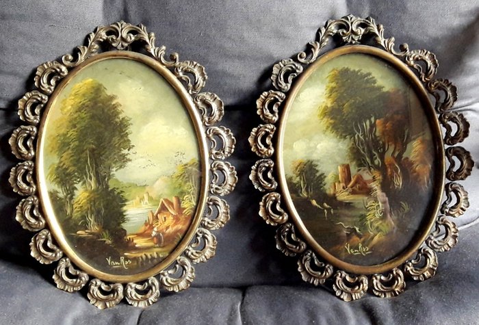 Two miniature oil paintings on copper signed Van Ros, with frame in burnished brass - 23x17 cm