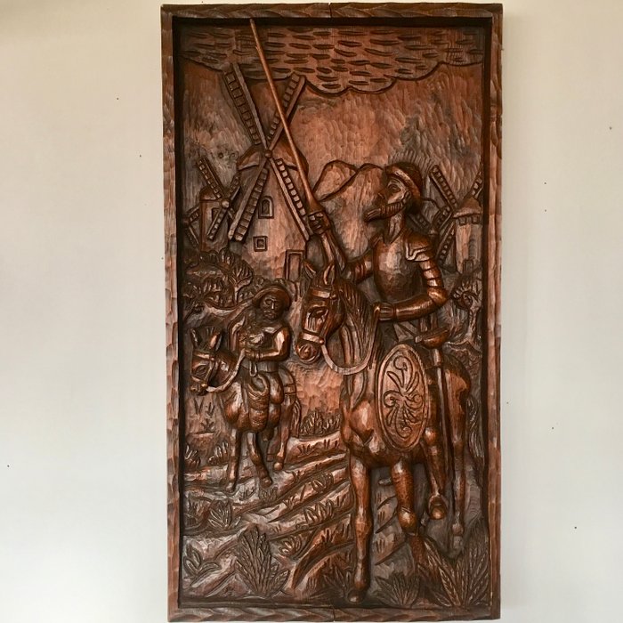 Very large detailed wood carved panel Don Quixote & Sancho Panza - (Ouro Artesania)
