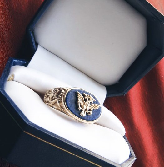 Faberge Franklin 14K gold Lapis Lazuli ring with Imperial Russian Eagle