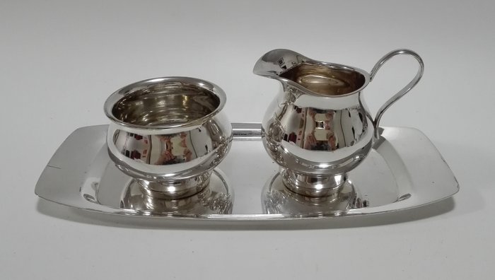 Silver plated cream set on tray - LW MS
