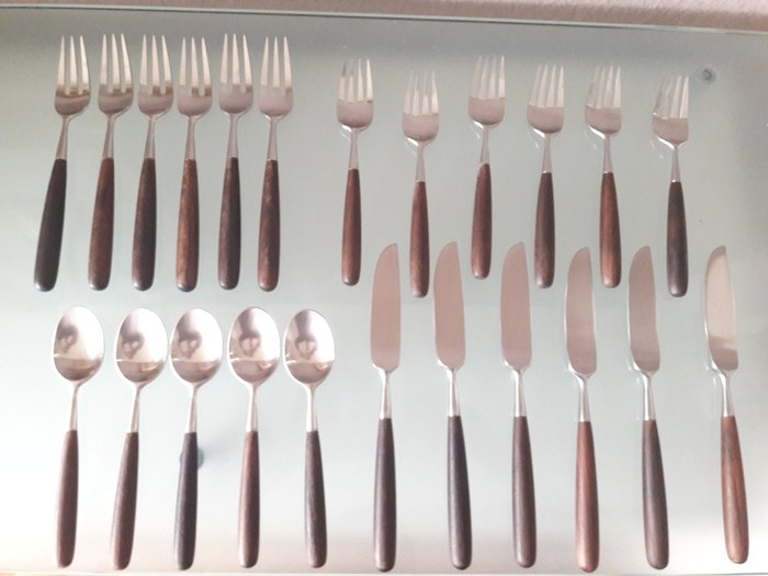 Donald A. Wallance for Lauffer Norway - 23-piece designer cutlery for 6 people from the Mid Century Era with rosewood wooden handles - hallmarked