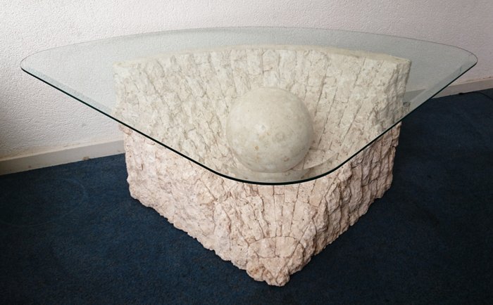 Coffee Table Wood Stone Glass, Fossil Stone Glass Coffee Table