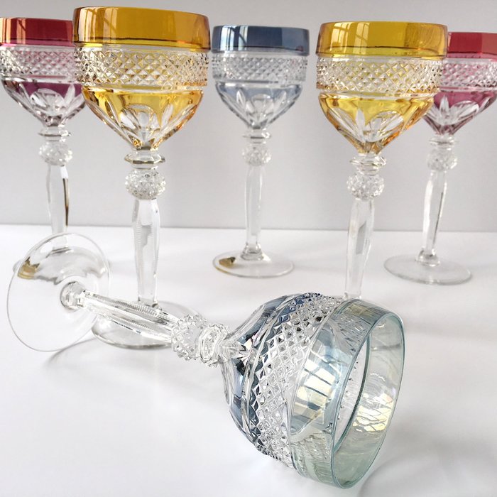 Hofbauer - 6 Rare and colorful crystal cut wine glasses / goblets, high stem. Mixed colors, Vintage Crystal Stemware.