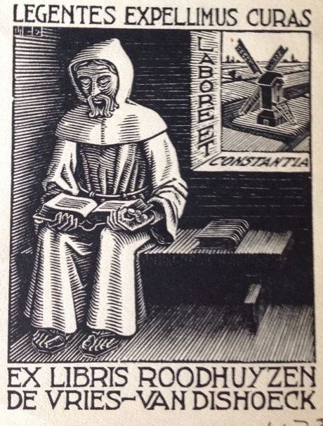 Maurits Cornelis Escher (1898 - 1972)  - Ex libris Roodhuyzen de Vries - van Dishoeck en het boek waarin het is aangebracht