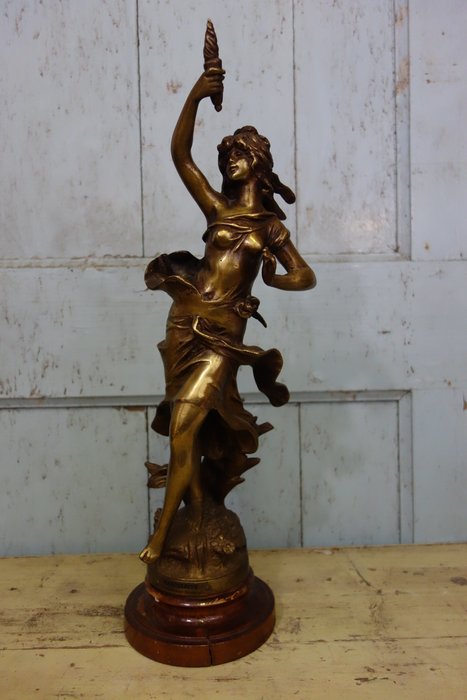 After Auguste Moreau - Bronze statue of a torch bearer - France - ca. 1900