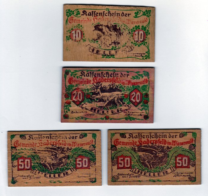 Austria - 4 x Notgeld made of wood - Hadersfeld 10, 20 and 2 x 50 Heller 1920