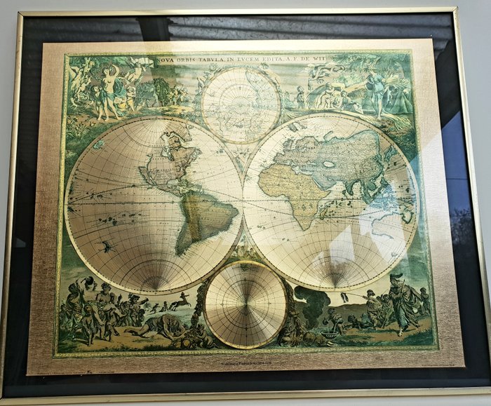 Gold Foil reproduction - World map By Frederik De Wit 1616 - 1698 - Nova Orbis Tabvla IN LVCEM EDITA, A.F. DE WIT