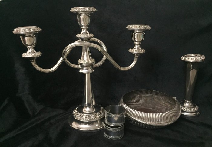 Vintage Lanthe of England Silver Plated 3 Sconce Candelabra and Flower Vase, E.P.N.S. Martin Hall & Co Sweetmeat Basket, Pair of Metal Ornated Napkin Holders