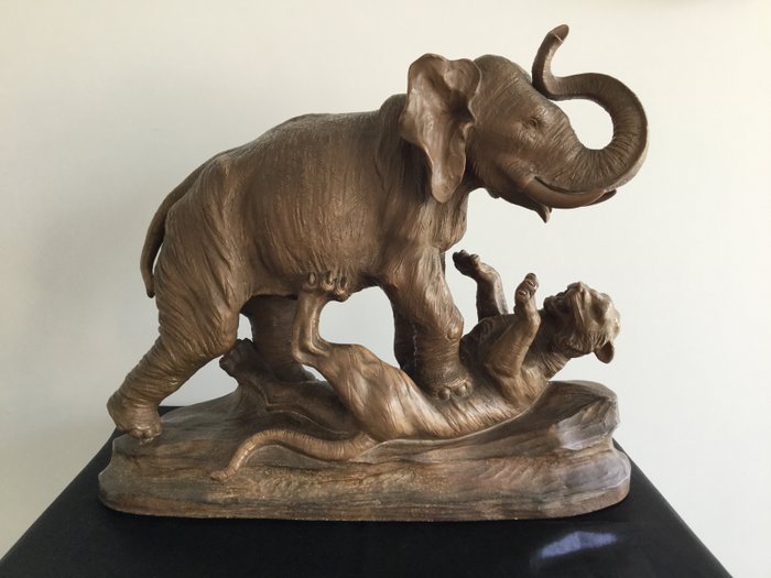 P. Balestra - large ceramic sculpture elephant and tiger - Belgium - first half 20th century